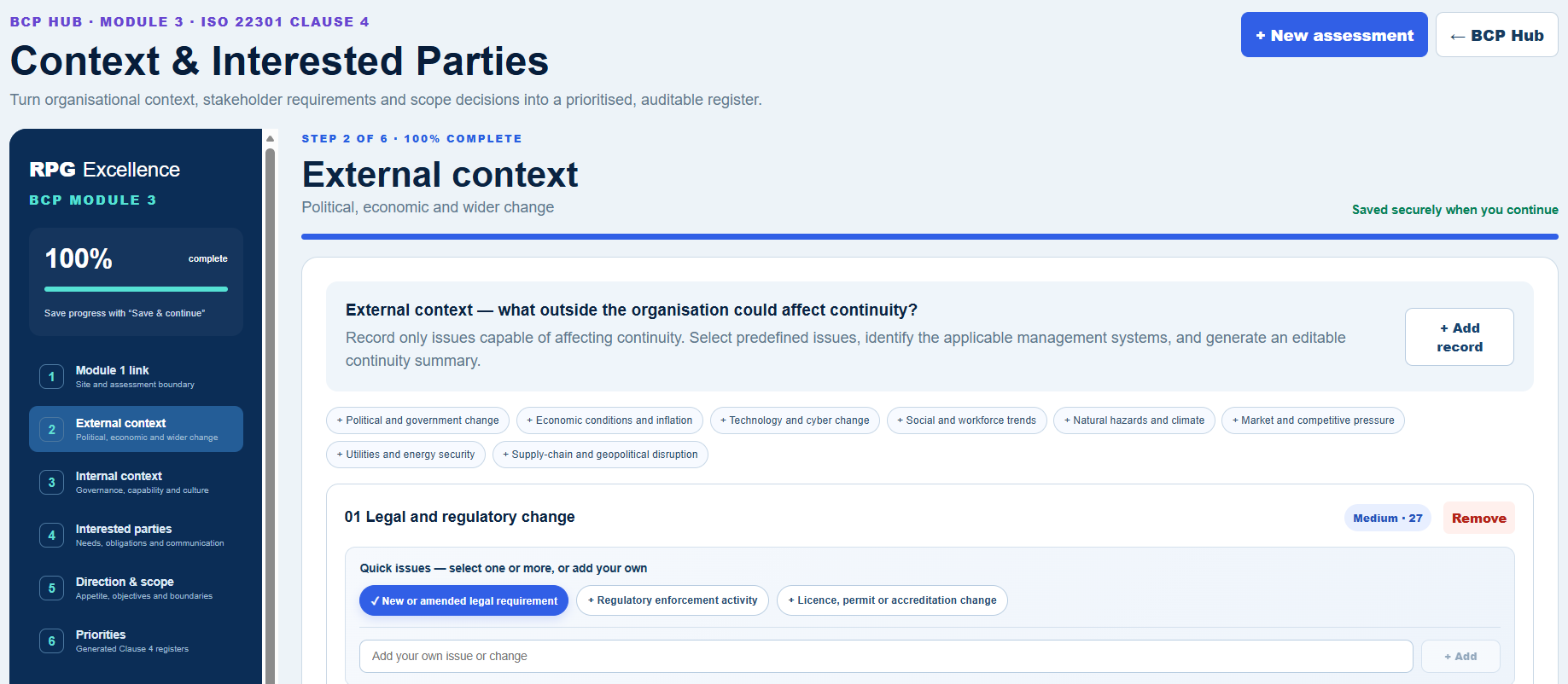 External continuity context assessment with predefined issues and prioritisation