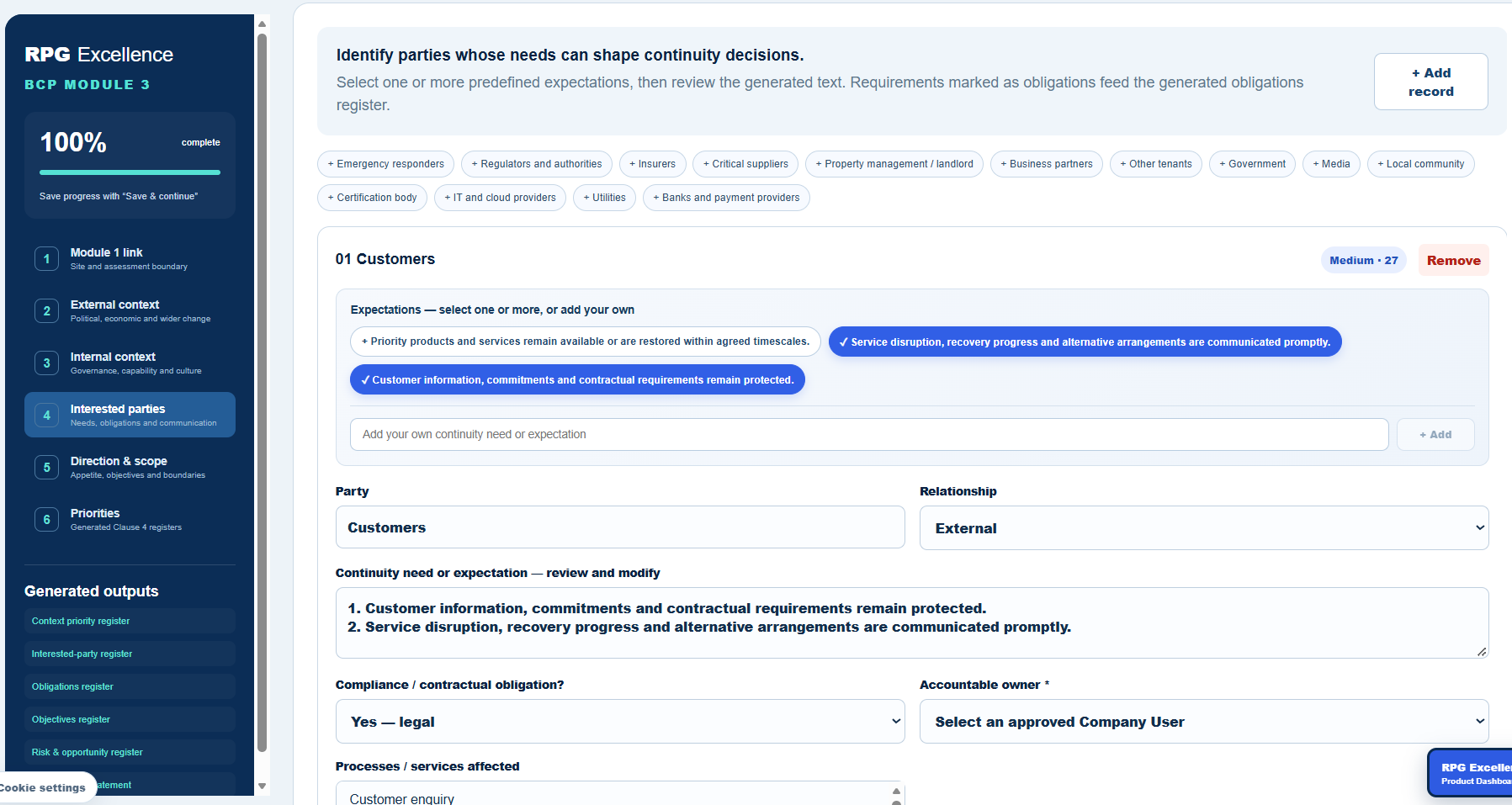 Interested-party assessment linking customer expectations obligations processes and accountable Company Users