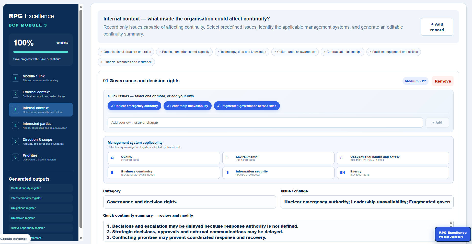 Internal continuity context assessment covering governance roles and management-system applicability