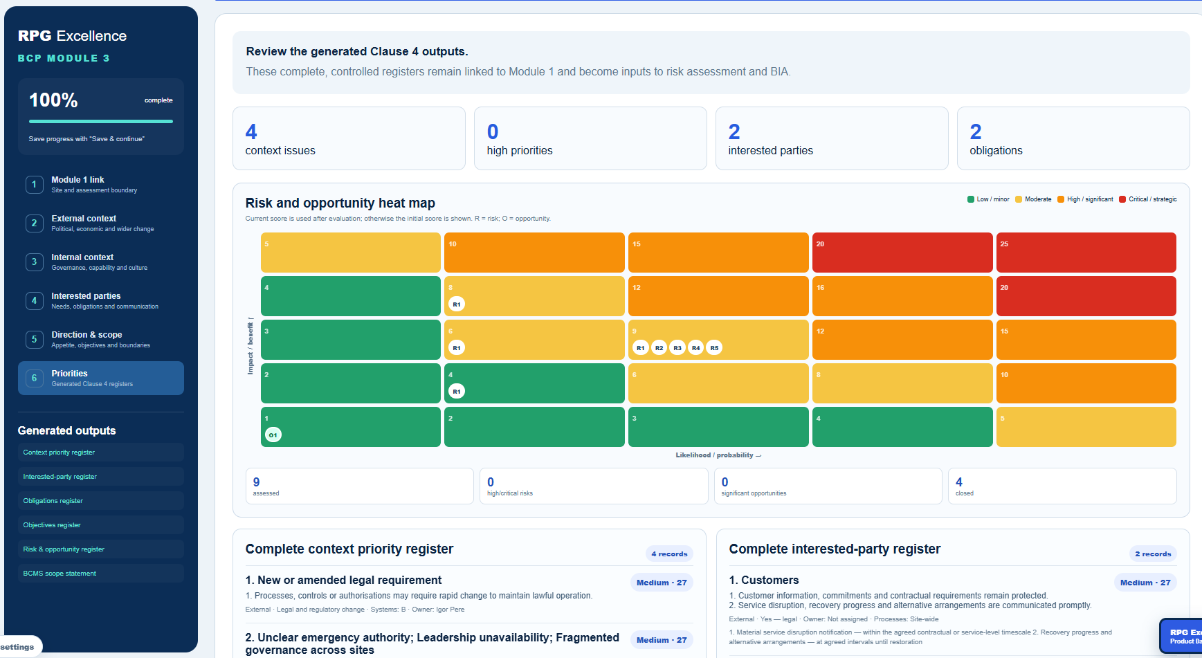 Generated ISO 22301 Clause 4 registers with risk and opportunity heat map
