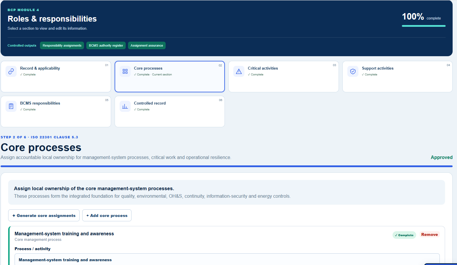 Core processes stage with generate assignments and add process controls