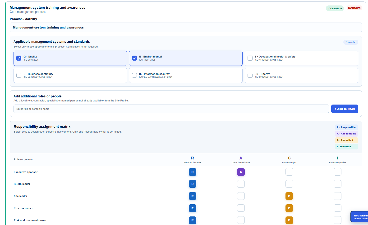 Colour-coded Responsible Accountable Consulted Informed assignment matrix and applicable management-system selections