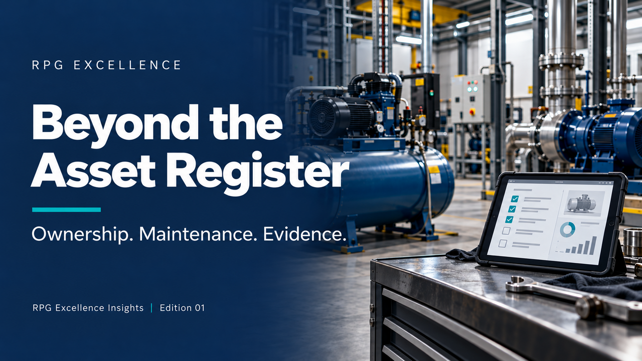 RPG Excellence Beyond the Asset Register cover showing industrial equipment and a digital maintenance dashboard
