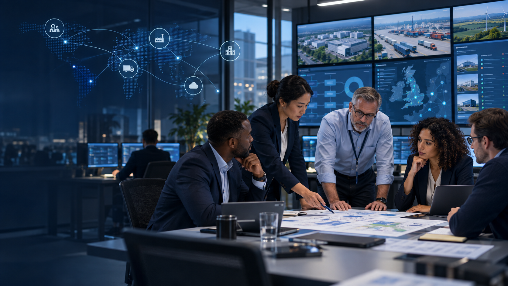 Cross-functional leadership team mapping sites, services, dependencies and continuity priorities in an operations command centre