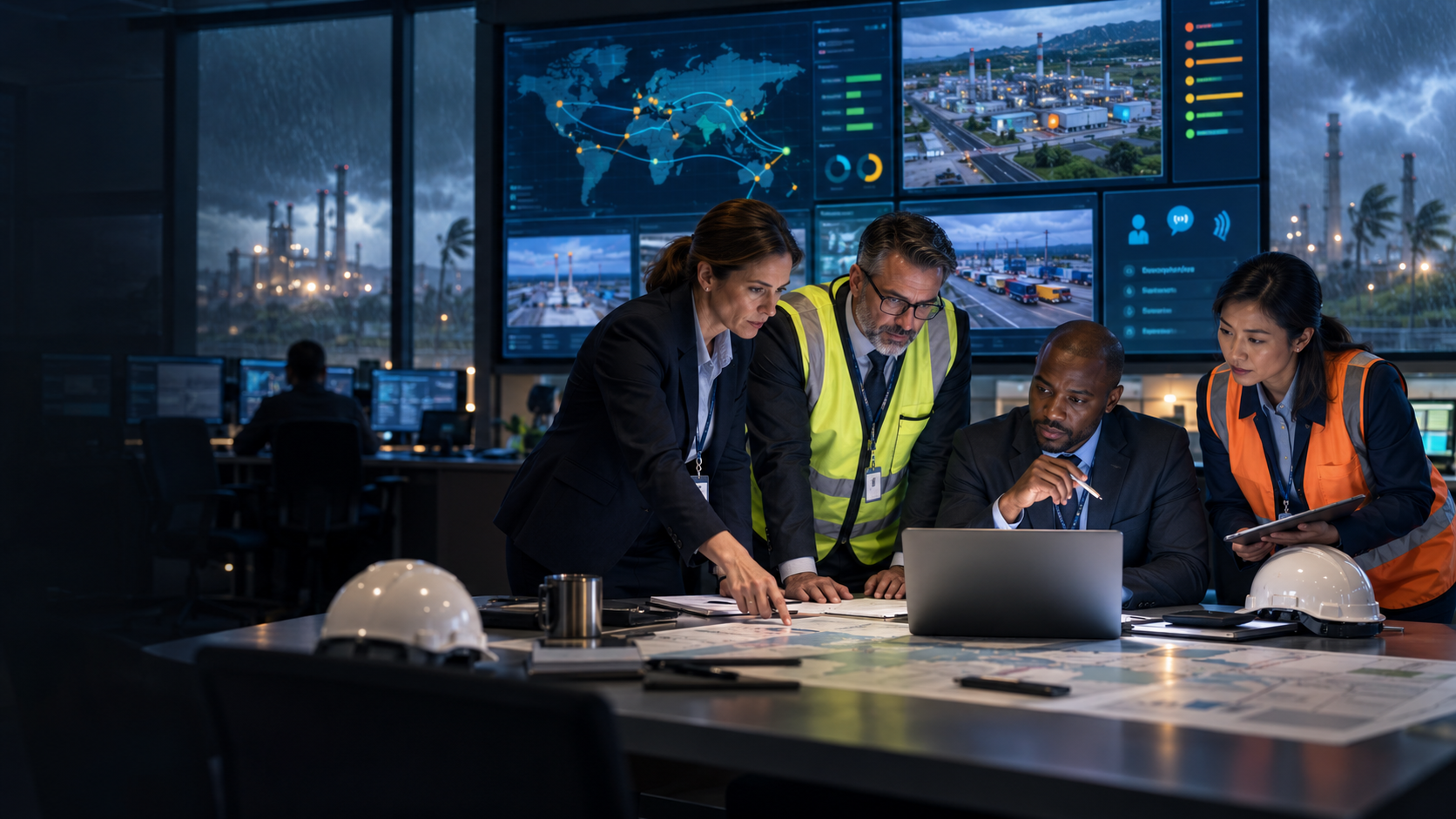 Cross-functional leadership team coordinating business continuity and operational recovery during severe weather disruption