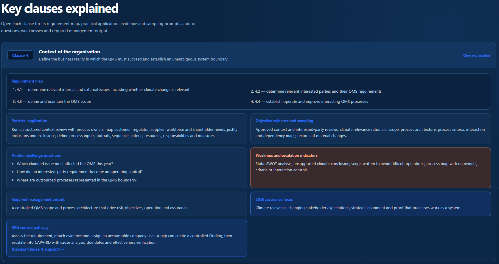 RPG Clause 4 explanation showing application, evidence, auditor questions and management outputs