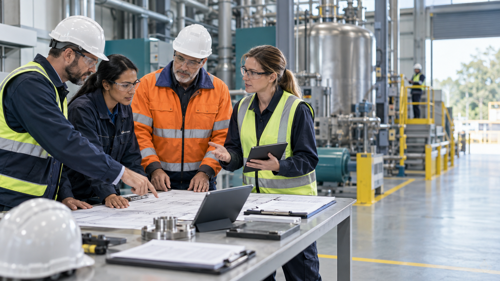 Cross-functional engineering team reviewing an industrial equipment change before implementation