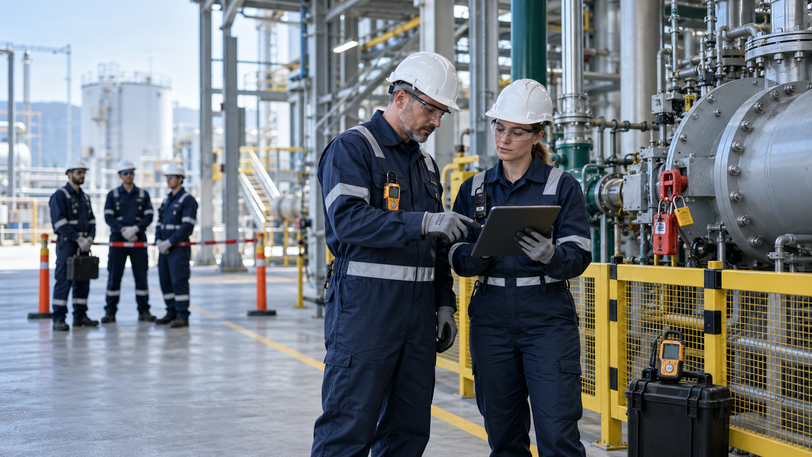 Permit issuer and work leader verifying isolations and work controls before industrial maintenance