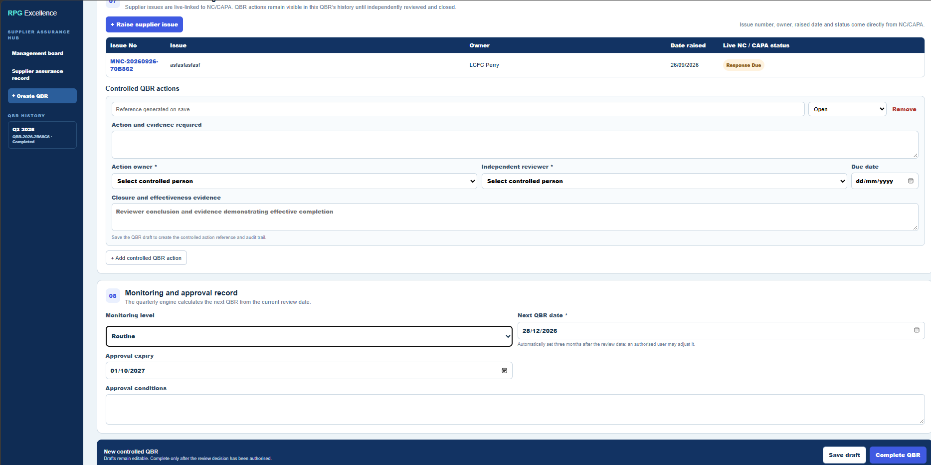 Supplier QBR showing live NC CAPA status controlled actions owners reviewers due dates and monitoring record