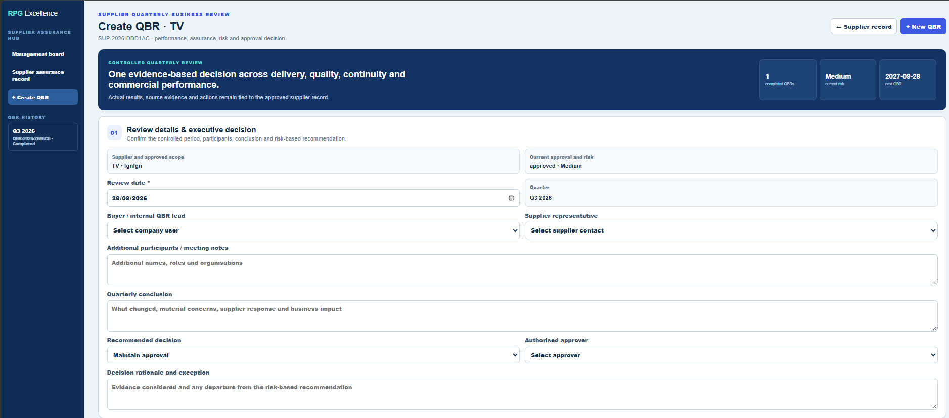 Controlled supplier quarterly business review with company lead supplier representative approver and decision rationale