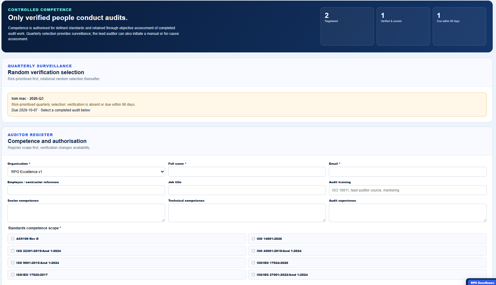 Internal auditor competence and authorisation register