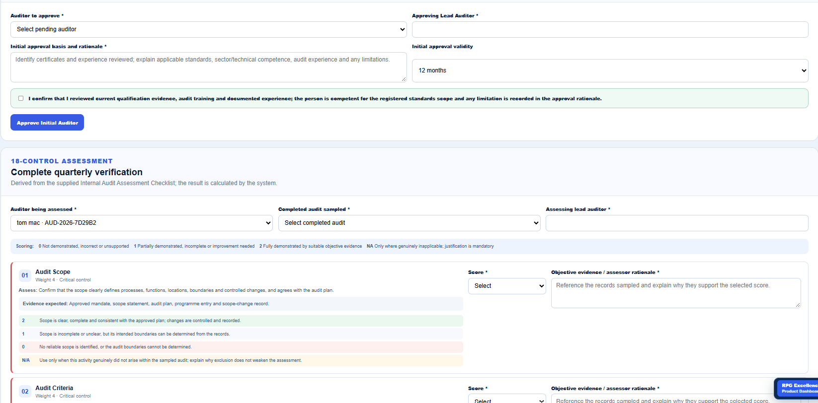 Quarterly internal auditor performance verification assessment