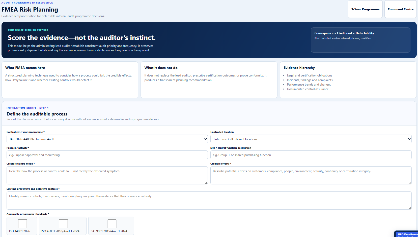 FMEA risk planning screen for internal audit prioritisation